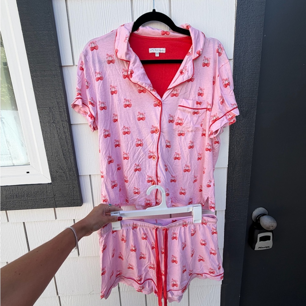 PJ Salvage Pink Cherry Hearts Short Sleeve Notch Collar Pajama Set